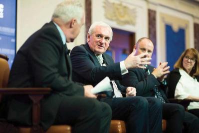 A panel moderated by Kevin Cullen (left) of the Boston Globe discussed Irish identity 100 years after the Easter Rising on Tuesday at the Edward M. Kennedy Institute for the US Senate in Dorchester. From left: Former Irish Prime Minister Bertie Ahern,  Re